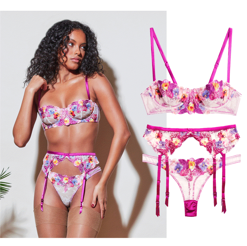 The Orchid Balconette, Garter & Thong. Also in FULLER CUP.