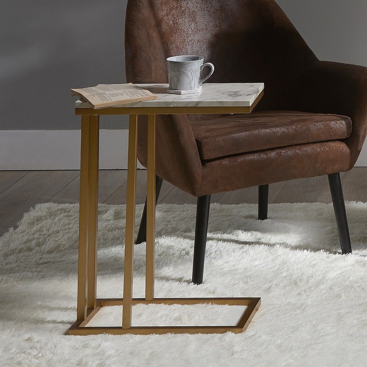 Image of Marmo C Shape Table - Faux Marble and Brass