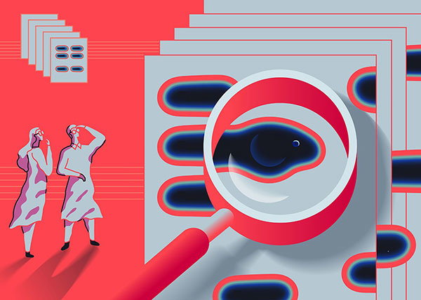 Cartoon of researchers looking at a stack of papers with Western Blots. A magnifying glass shows the blots are tadpoles.