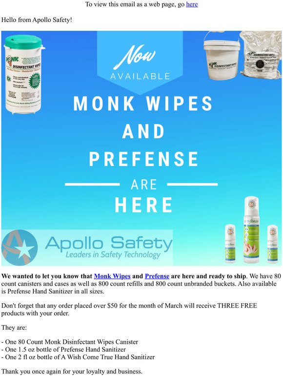 Apollo Safety - Monk Wipes and Prefense Are Here and Ready to Ship!!