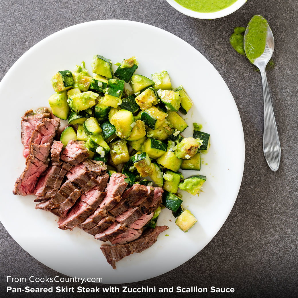 From CooksCountry.com, Pan-Seared Skirt Steak with Zucchini and Scallion Sauce