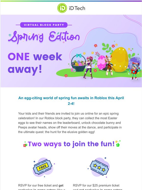 Id Tech Our Spring Party In Roblox Is Just One Week Away Milled - how to ge the roblox epic block head