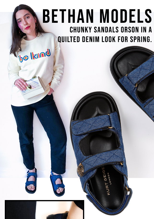 Bethan models chunky sandals ORSON in a quilted denim look for spring.