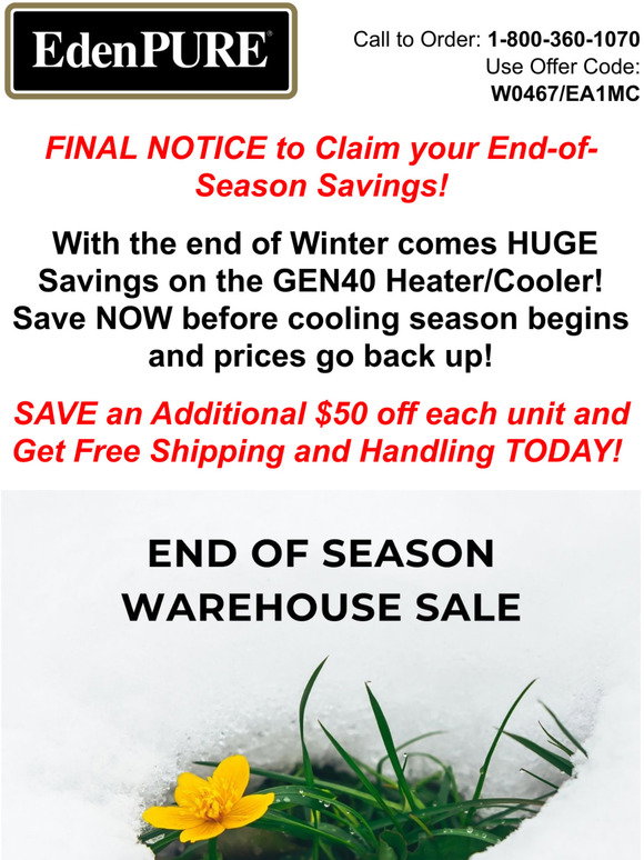 EdenPURE®: [Major Announcement] End-of-Season Sale | Milled