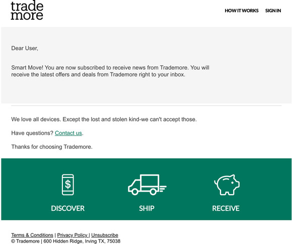 Trademore Offer Subscription Confirmation Email