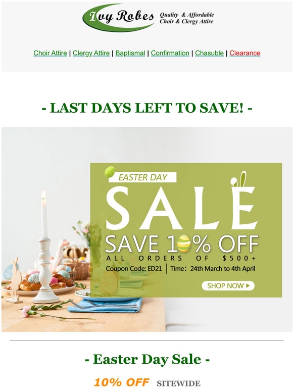 EASTER DAY SALE: 10% Off Sitewide!