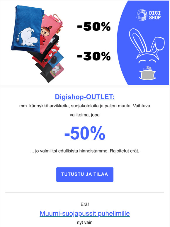 Outletista jopa -50% + suositut Muumi-suojapussit -30%