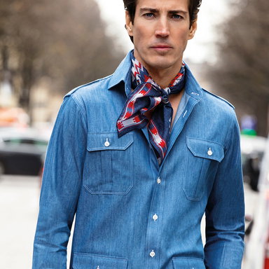 Blue Cotton Denim Safari Sport Shirt