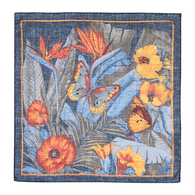 Blue and Orange Cotton Floral Pocket Square