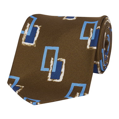 Brown Blue And White Rectangle Silk Tie