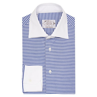 Navy Blue Cotton Horizontal Striped Contrast Collar Shirt