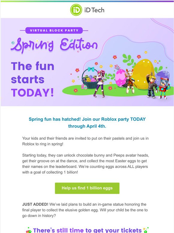 Id Tech The Fun Has Hatched Our Spring Roblox Party Starts Now Milled - how get tickets in roblox
