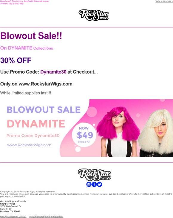 Rockstar Wigs - Blowout Sale DYNAMITE -30% OFF!!