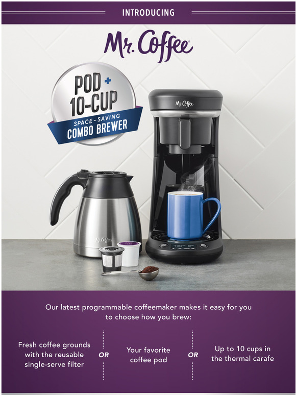 Mr. Coffee - Space-Saving Combo 10-Cup Coffee Maker and Pod Single