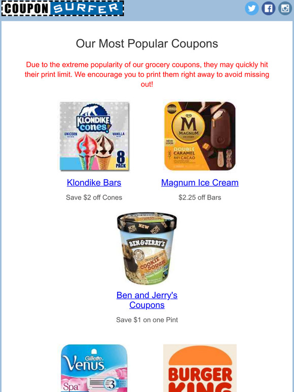 Coupons for Ben + Jerry's, Burger King, Gas Stations