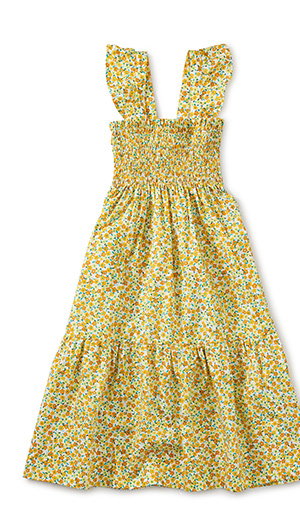 Smocked Midi Dress - Wildflowers in Gold
