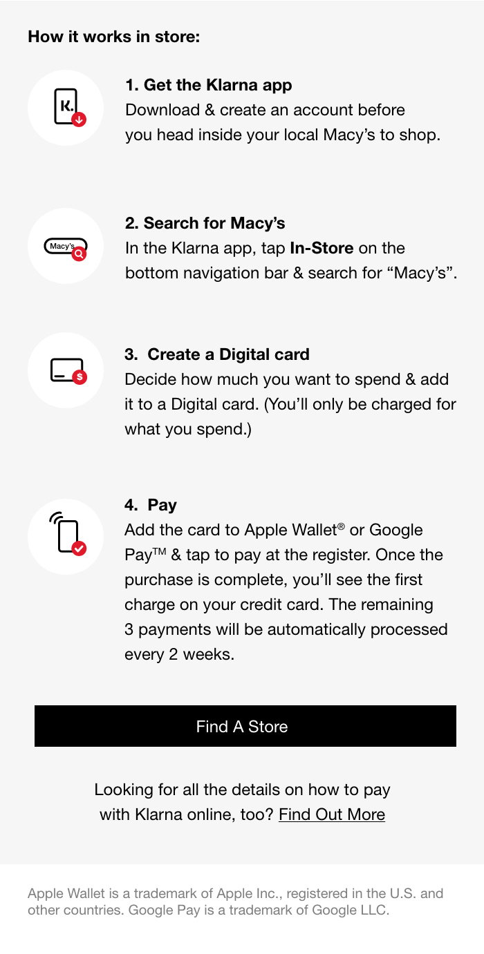 How It Works In Store: 1. Get The Klarna App, 2. Search For Macy's, 3. Create A Digital Card, 4. Pay,  Find A Store, Find Out More