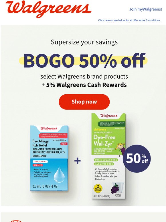 BOGO 50% off + $5 reward on Walgreens brands = maximum savings!