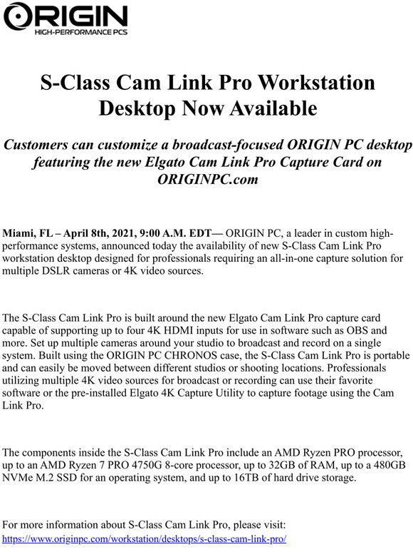 Origin Pc Media Alert Origin Pc S Class Cam Link Pro Now Available Milled