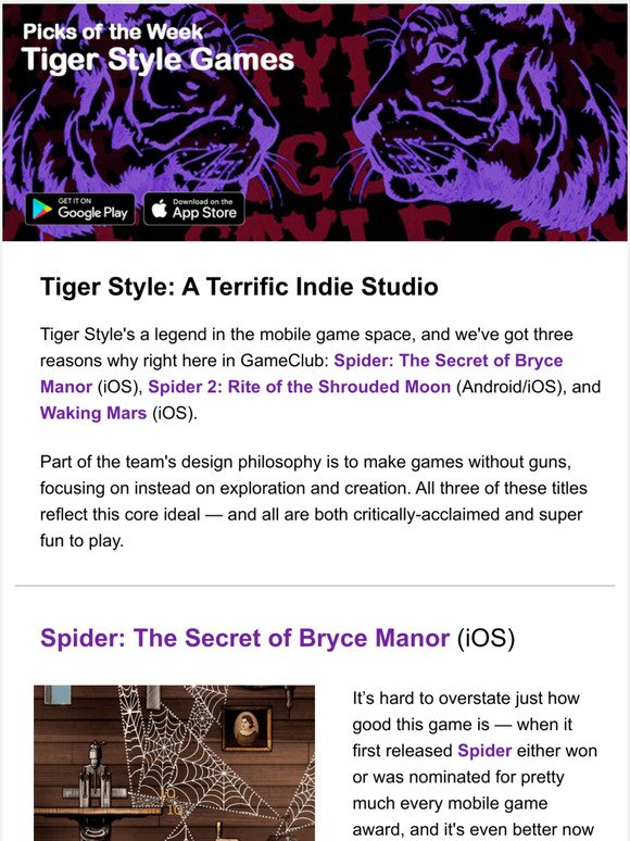 Spotlight on Tiger Style: Spider Series and Waking Mars!