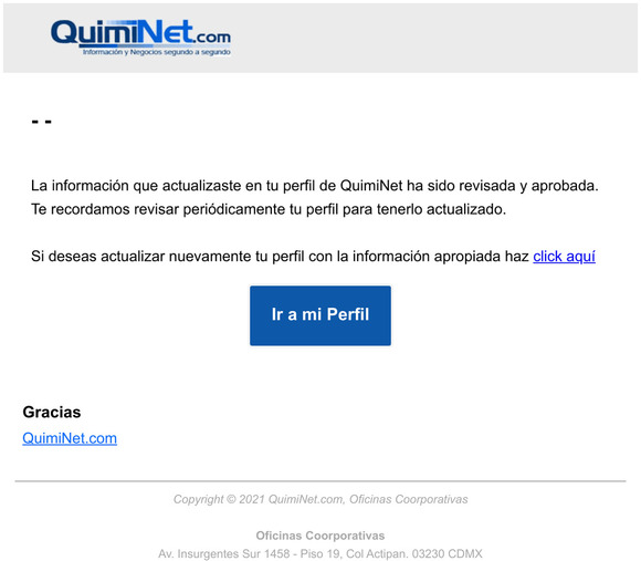 Actualizacin aprobada en tu perfil de QuimiNet