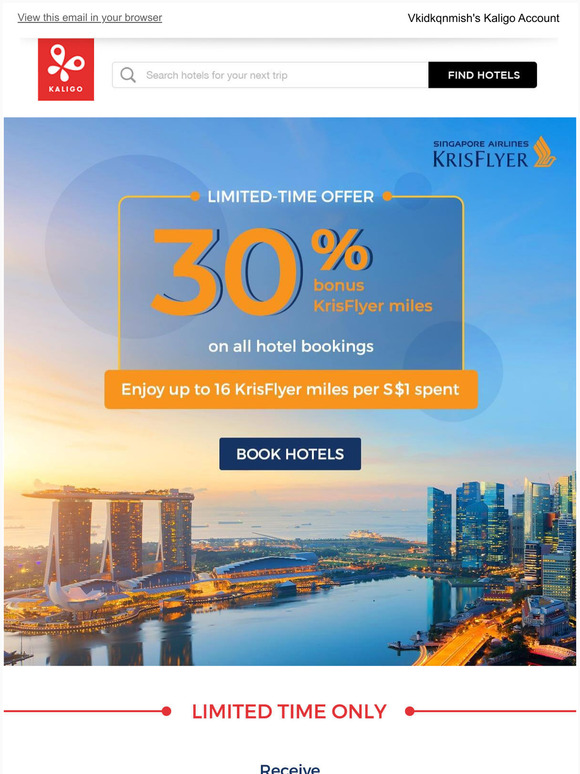 -collect 30% more KrisFlyer miles on every hotel booking!