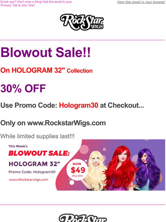 Rockstar Wigs - Blowout Sale HOLOGRAM 32" -30% OFF!!