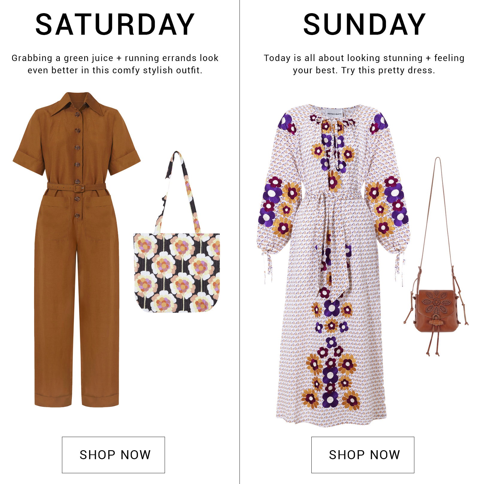 OSCAR JUMPSUIT RUST FLOWY TOTE BAG BROWN APOLINE LONG DRESS PEACH JANIS SMALL BAG ANTIK BATIK
