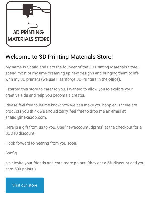 Thank you for joining the 3D Printing Materials Store - Account Confirmation