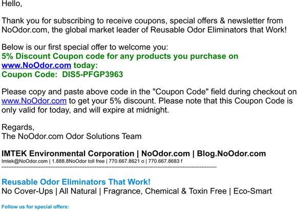 5% Discount for NoOdor.com Orders Today