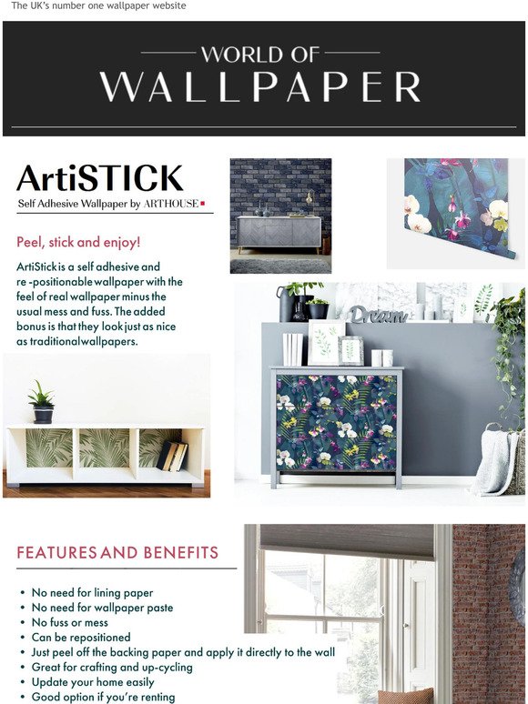 Self Adhesive Wallpapers by Arthouse available at World of Wallpaper