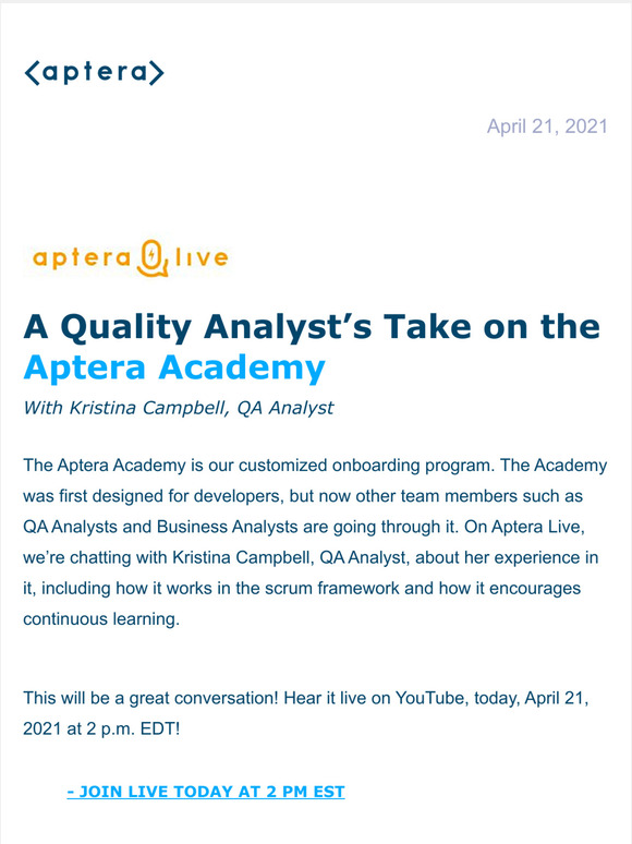 Live Today (4/21): A Quality Analysts Take on the Aptera Academy
