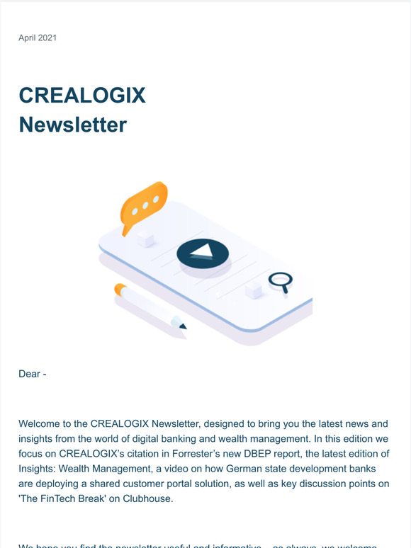  CREALOGIX Newsletter | Forresters new DBEP report, 'The FinTech Break' on Clubhouse and more