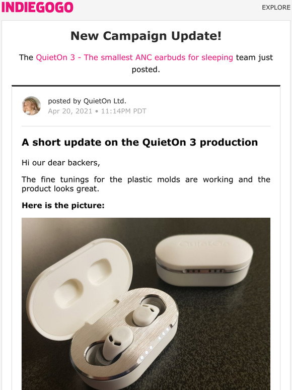 Indiegogo: Update #4 from QuietOn 3 - The smallest ANC earbuds for sleeping  | Milled