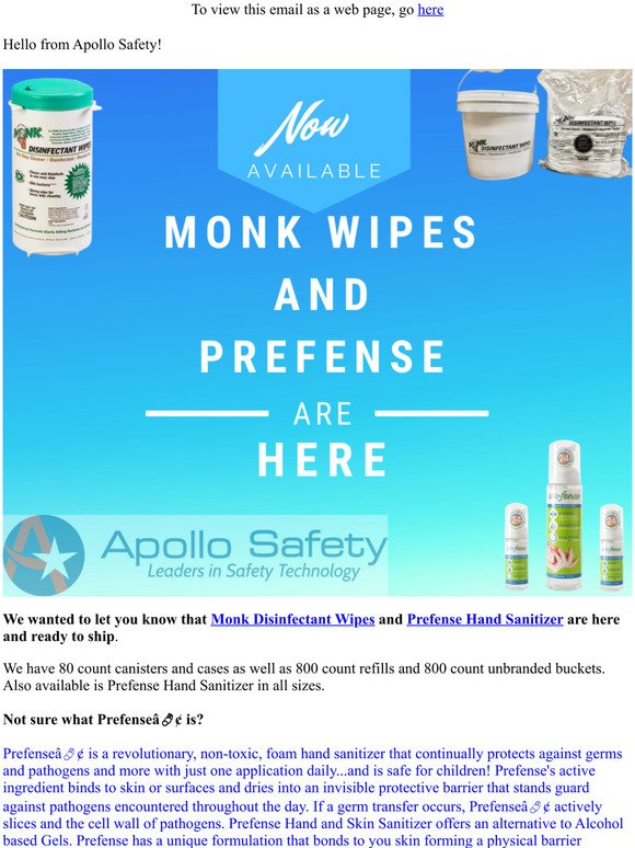 Apollo Safety - Don't Forget Monk Wipes and Prefense Are Here and Ready to Ship!