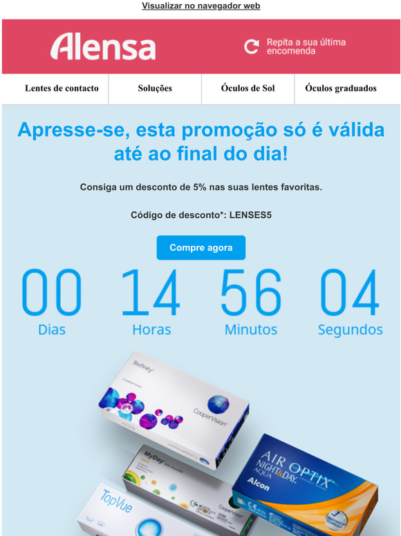 Receba uma desconto de 5% em lentes de contacto - apenas at  meia-noite de hoje!