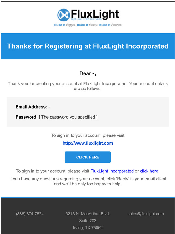 Thanks for Registering at FluxLight Incorporated