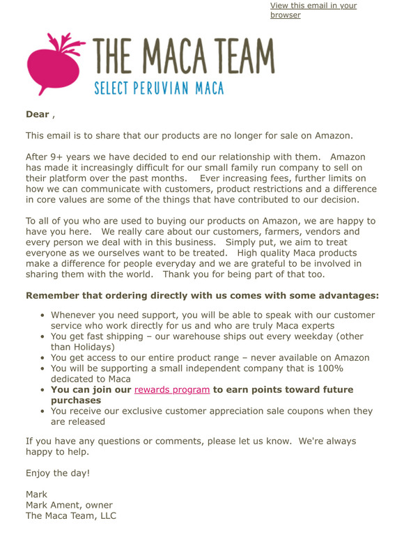 Maca News: We No Longer Sell on Amazon