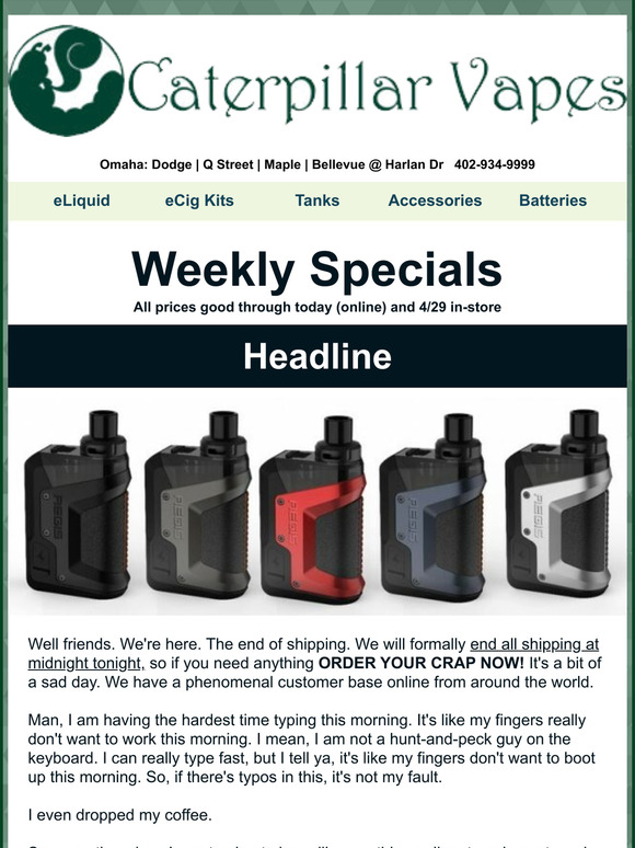 Caterpillar Vapes Last day for online orders Milled