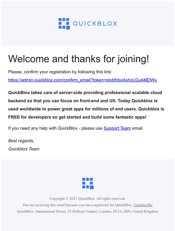 QuickBlox: registration confirmation