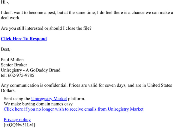 Re: melinea.com - Where do we stand on this?