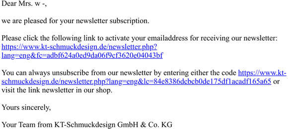 Your Newsletter Activation Key from KT-Schmuckdesign GmbH & Co. KG