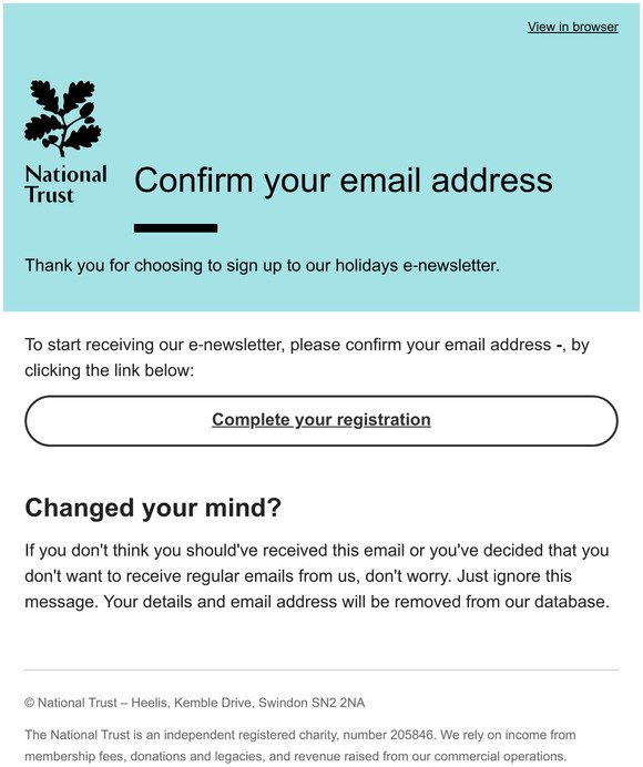 Complete your National Trust Holidays e-Newsletter registration