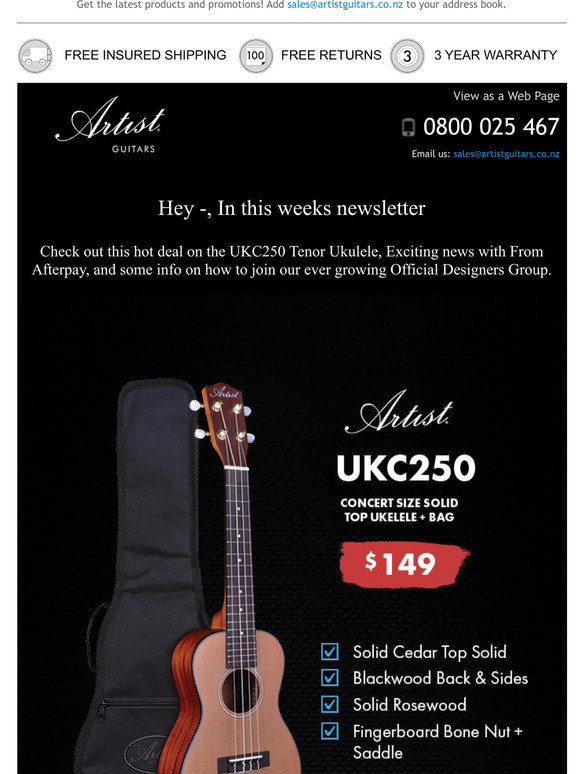 Ever wanted to design your own guitar? Afterpay and Artist Guitars Unite! And the UKC250 Uke!