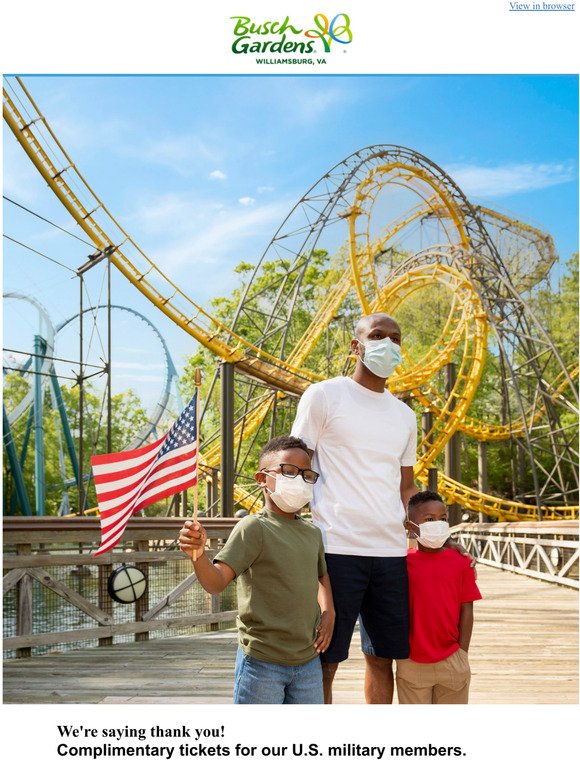 Busch Gardens Veterans & Active Military Get Four FREE Tickets to Our