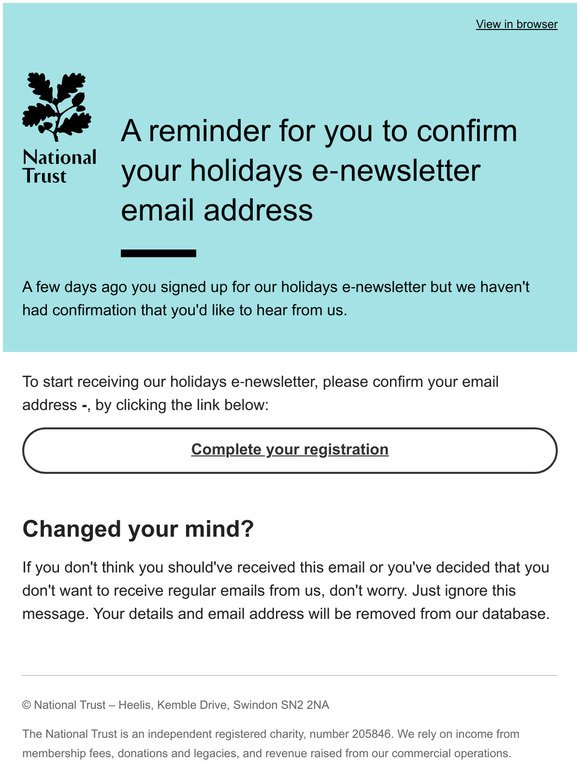 Complete your National Trust Holidays e-Newsletter registration - REMINDER