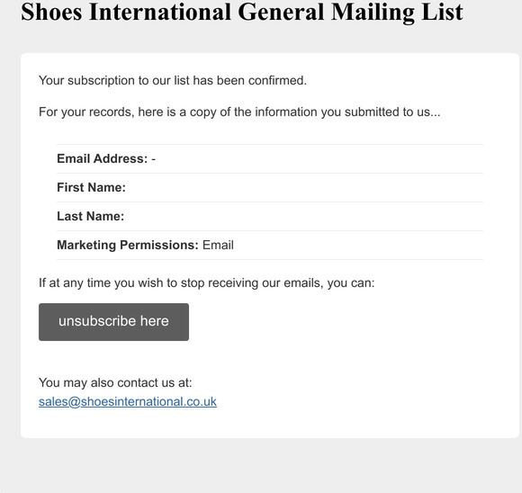 Shoes International General Mailing List: Subscription Confirmed