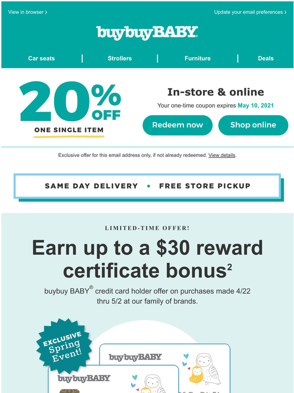 buybuy BABY Limited Time Offer Earn up to a 30 Reward Certificate