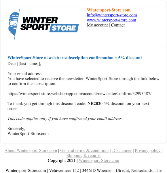 WinterSport-Store newsletter subscription confirmation + 5% discount