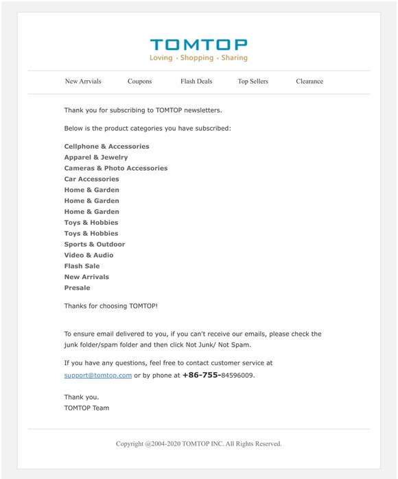 Thanks for your subscribing to TOMTOP newsletters.